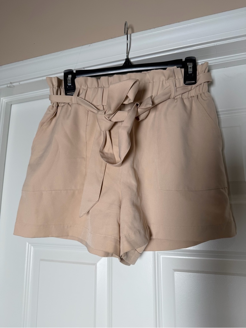 High-Rise Paperbag Tie-Waist Shorts in Beige